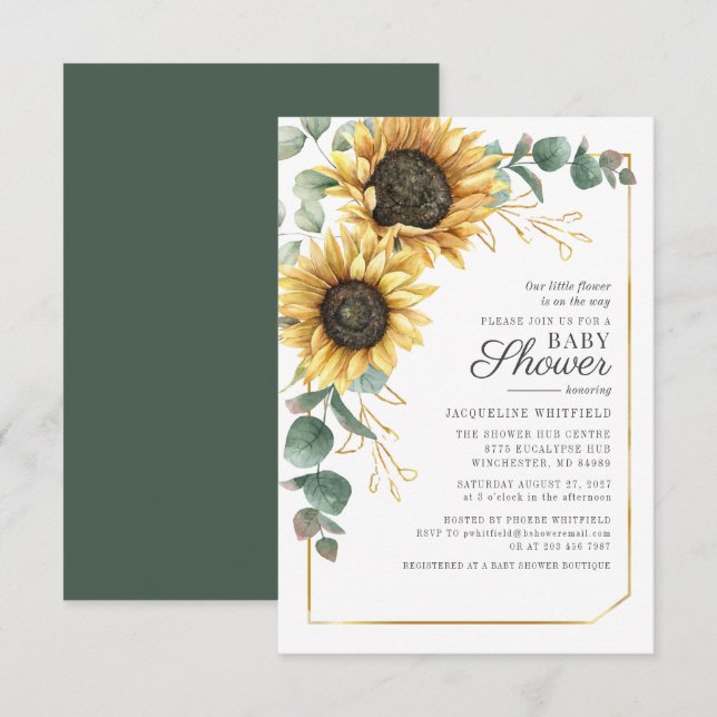Invitation Sunflower Girl Baby shower Eucalyptus géométrique (Devant / Derrière)