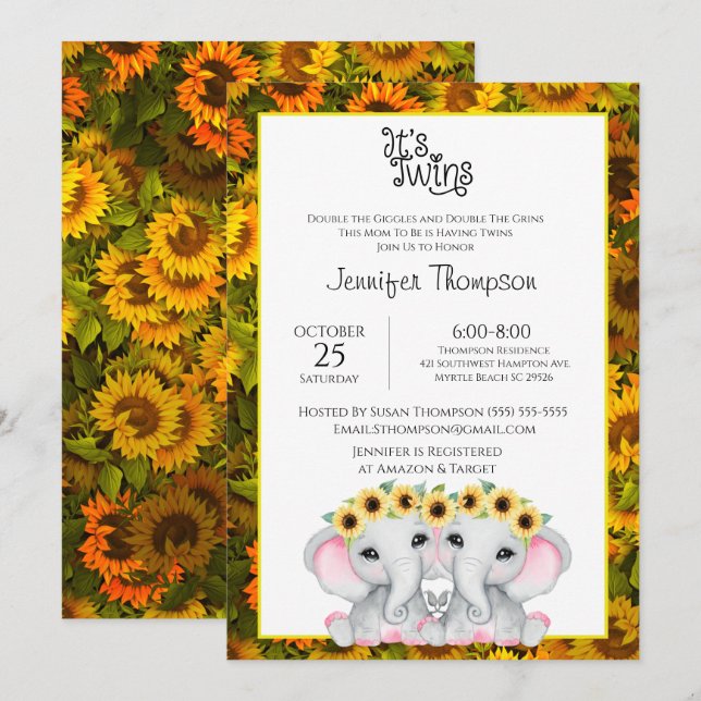Invitation Sunflower Girls Twin Elephant Baby shower (Devant / Derrière)