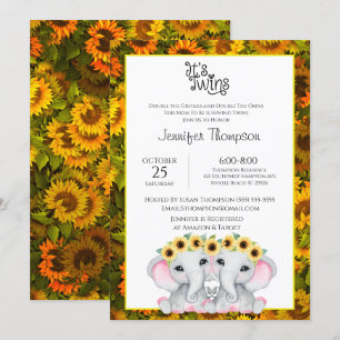 Invitation Sunflower Girls Twin Elephant Baby shower