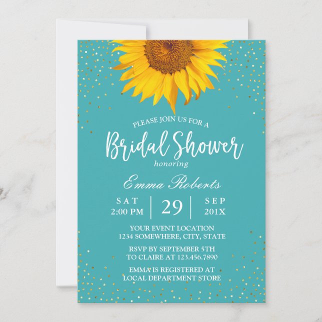 Invitation Sunflower Gold Confetti Fête des mariées Turquoise (Devant)