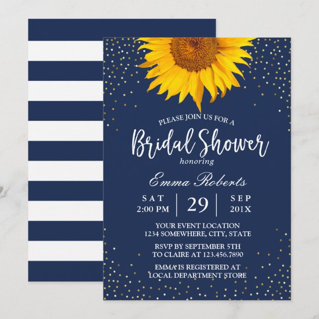 Invitation Sunflower Gold Confetti Marine Fête des mariées bl (Devant / Derrière)