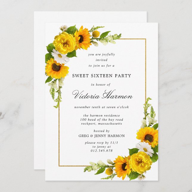 Invitation Sunflower Gold Frame Sweet 16 Party (Devant / Derrière)