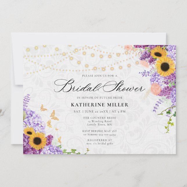 Invitation Sunflower Lilac String Lights Rustic Bridal Shower (Devant)