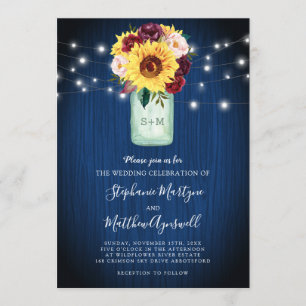 Invitation Sunflower Mason Jar Blue Wood Lights Mariage