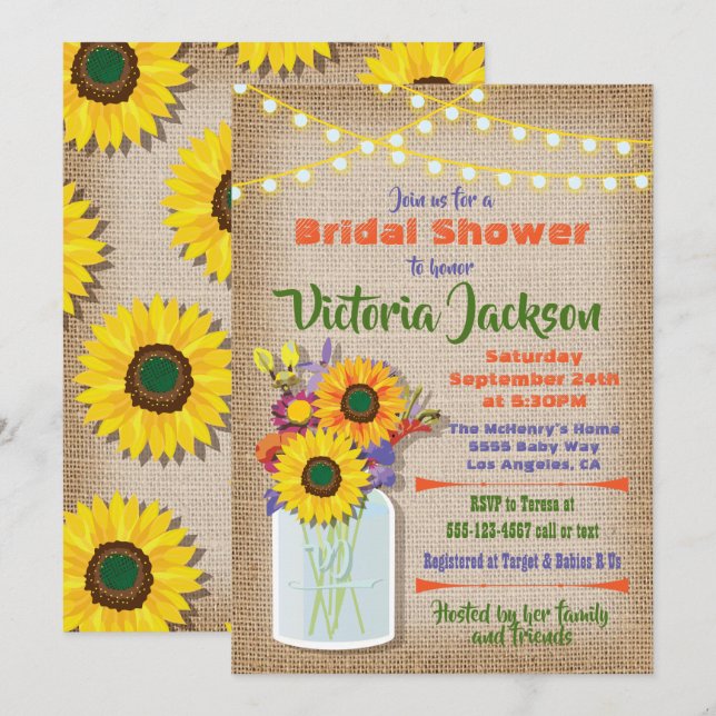 Invitation Sunflower Mason Jar Burlap Fête des mariées (Devant / Derrière)