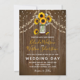 Invitation Sunflower Mason Jar Rustic Barne Mariage en bois