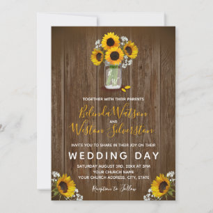Invitation Sunflower Mason Jar Rustic Barne Mariage en bois I