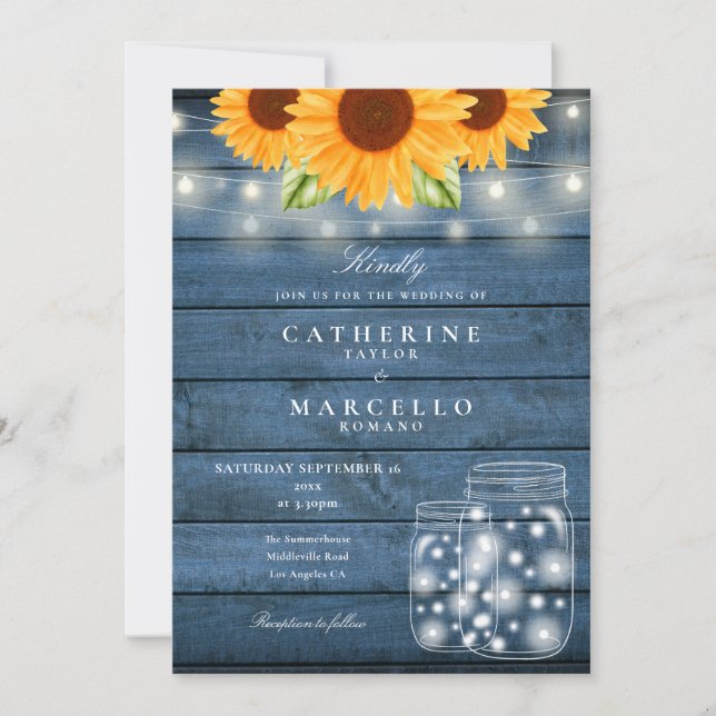 Invitation Sunflower Mason Jar Rustique String Lights Mariage (Devant)