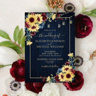 Invitation Sunflower Navy Bleu Bourgogne Bois Mariage Floral