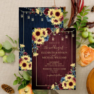 Invitation Sunflower Navy Bleu Bourgogne Floral Mariage