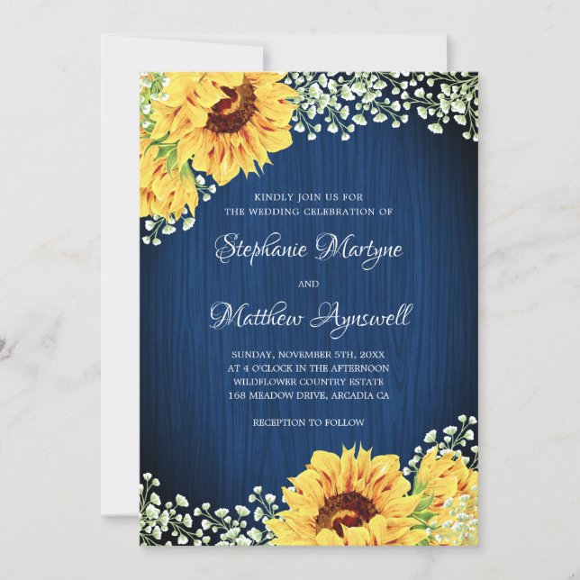 Invitation Sunflower Navy Blue Babys Respiration Mariage (Devant)