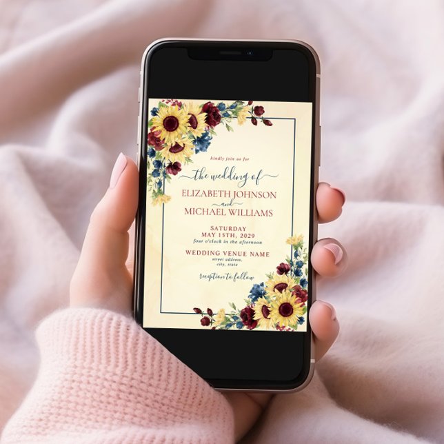 Invitation Sunflower Navy Blue Burgundy Floral Photo Mariage (Créateur téléchargé)