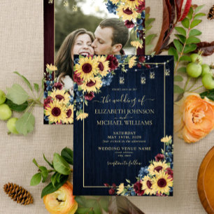 Invitation Sunflower Navy Blue Burgundy Wood Floral Photo v1