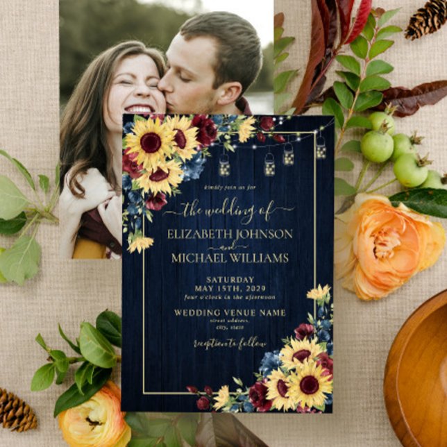 Invitation Sunflower Navy Blue Burgundy Wood Floral Photo v2 (Créateur téléchargé)