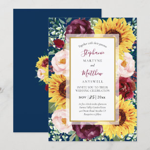 Invitation Sunflower Navy Blue Gold Burgundy Floral Mariage