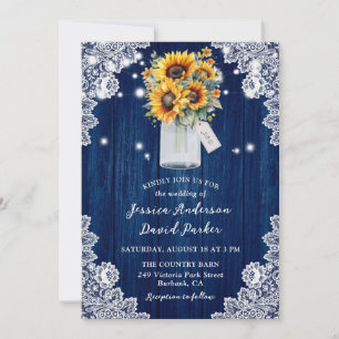 Invitation Sunflower Navy Blue Wood Lace Mason Jar Mariage