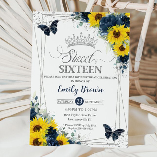 Invitation Sunflower Navy Papillons floraux Silver Sweet 16 (Créateur téléchargé)