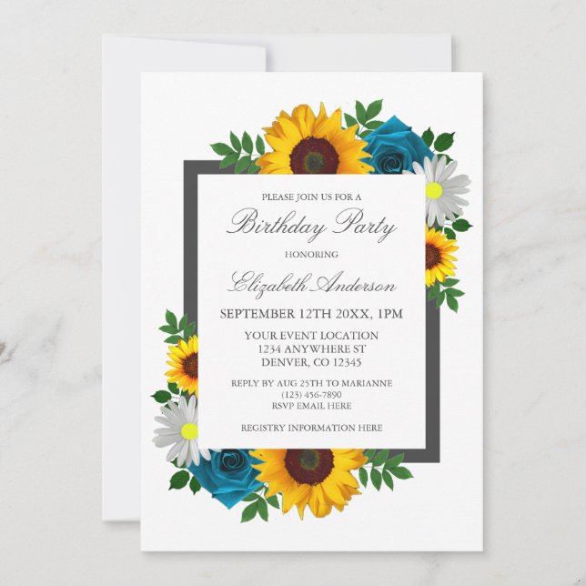 Invitation Sunflower Rose Daisy Floral Anniversaire (Devant)