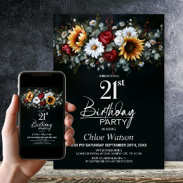 Invitation Sunflower Rose Floral Black 21st Birthday Party