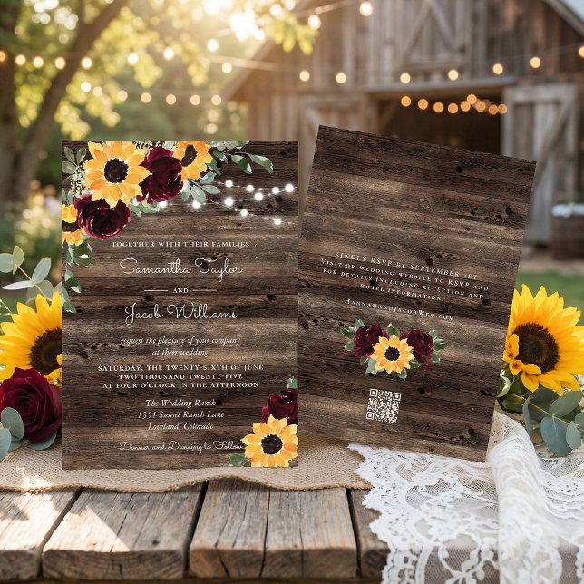 Invitation Sunflower Roses Barn QR Code Wedding (Créateur téléchargé)