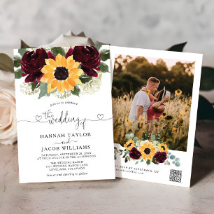 Invitation Sunflower Roses Bourgogne Rouge Photo QR Code Mari
