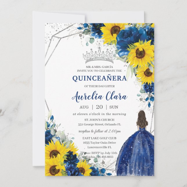 Invitation Sunflower Royal Blue Floral Princesse Quinceañera (Devant)