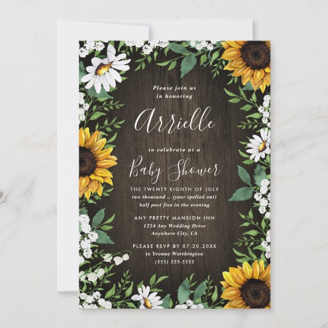 Invitation Sunflower Rustic Country Floral Baby shower d'auto (Devant)