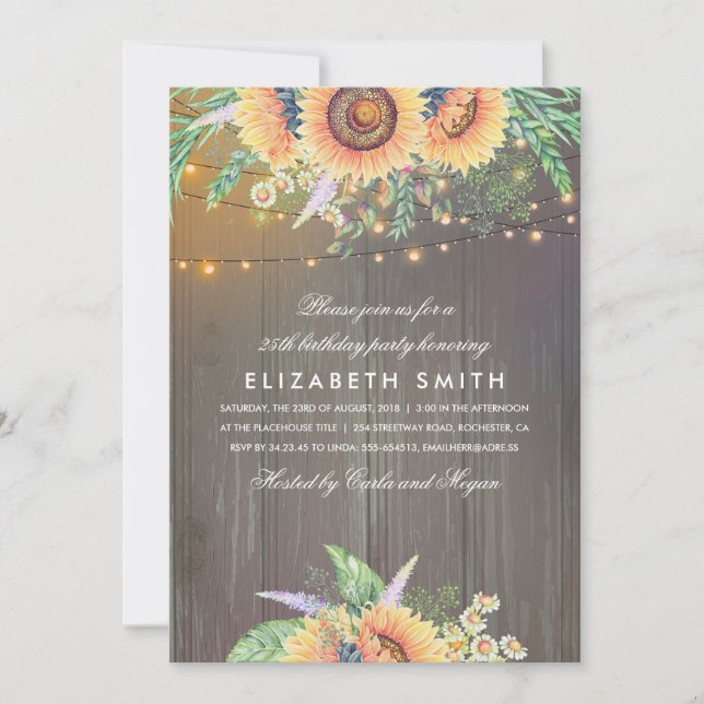 Invitation Sunflower Rustique String Lights Bois fête d'anniv (Devant)
