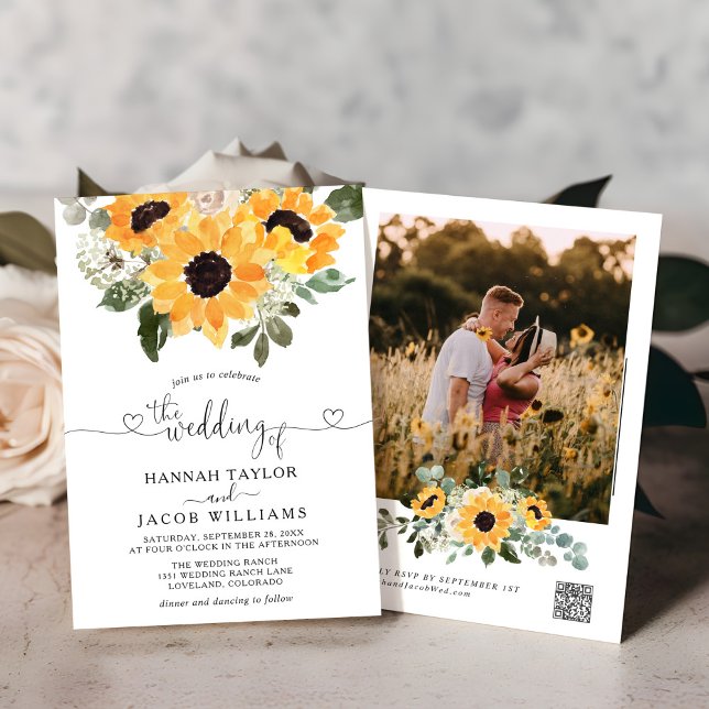 Invitation Sunflower Sage Greenery QR Code RSVP Mariage (Créateur téléchargé)