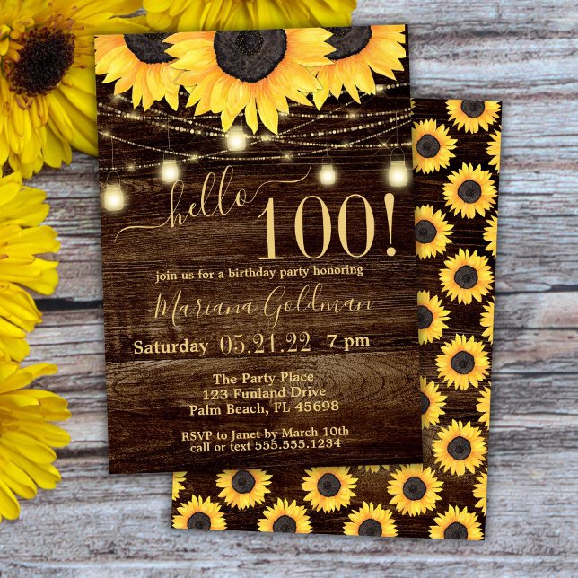 Invitation Sunflower String Lights 100e anniversaire de fête  (Créateur téléchargé)