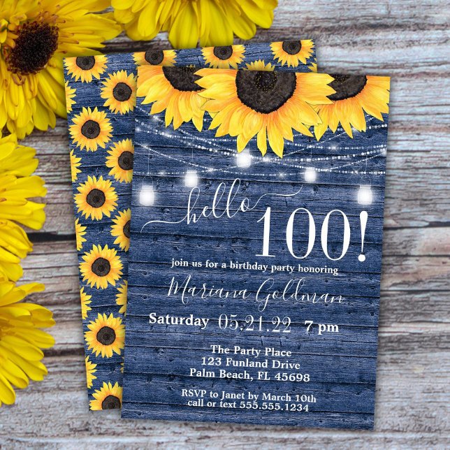 Invitation Sunflower String Lights Blue 100e fête d'anniversa (Créateur téléchargé)