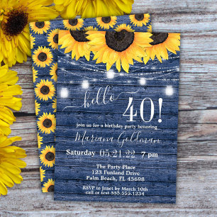 Invitation Sunflower String Lights Blue 40th Birthday Party