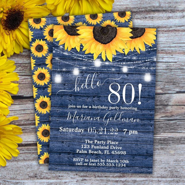 Invitation Sunflower String Lights Blue 80th Birthday Party (Créateur téléchargé)