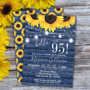 Invitation Sunflower String Lights Blue 95th Birthday Party