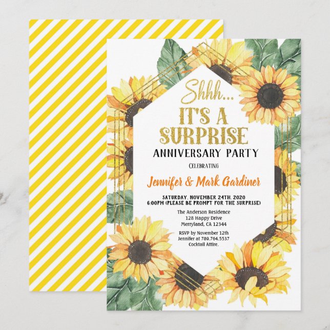 Invitation Sunflower Surprise Anniversaire (Devant / Derrière)