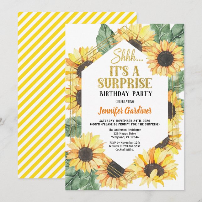 Invitation Sunflower Surprise fête d'anniversaire (Devant / Derrière)