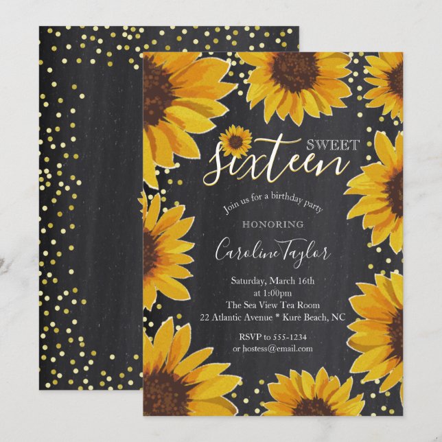 Invitation Sunflower Sweet 16 tableau de bord d'anniversaire (Devant / Derrière)