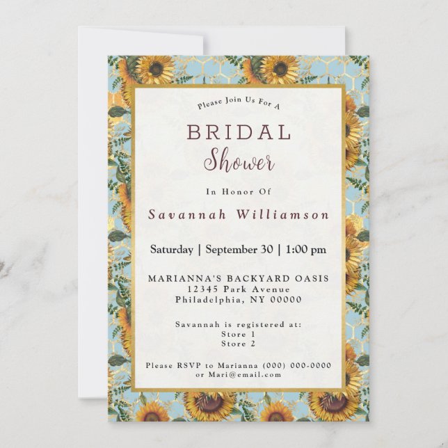 Invitation Sunflower Turquoise Honeypeb Bees Gold Fête des ma (Devant)