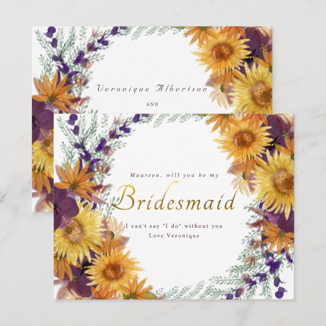 Invitation Sunflower violet or floral script bridesmaid (Devant / Derrière)