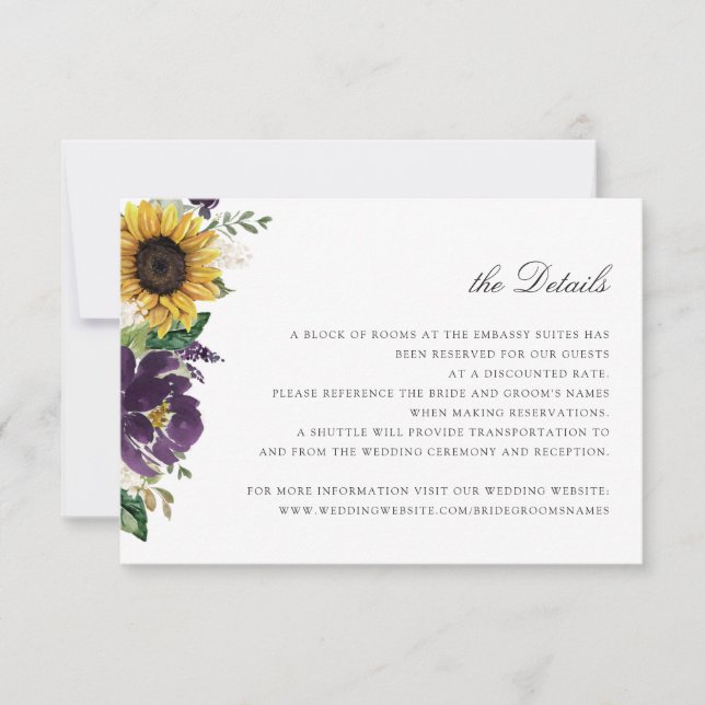 Invitation Sunflower Violet Violet Floral Détails du Mariage (Devant)