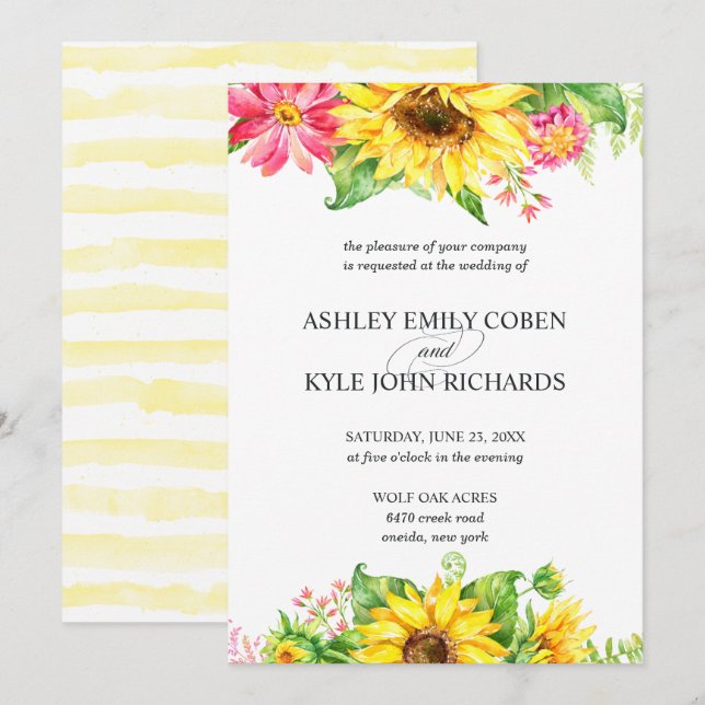 Invitation Sunflower Wedding Invite on light background (Devant / Derrière)
