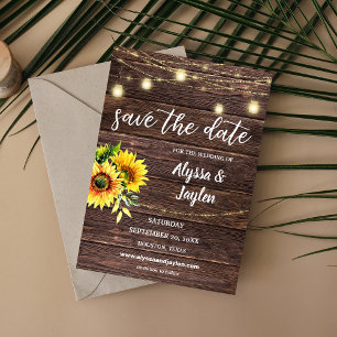 Invitation Sunflower Wood & String Lights Enregistrer la date