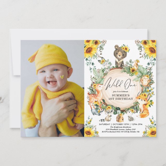 Invitation Sunflower Woodland Wild Un 1er anniversaire Photo (Devant)