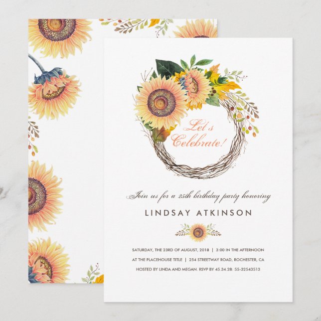 Invitation Sunflower Wreath Russe Automne fête d'anniversaire (Devant / Derrière)