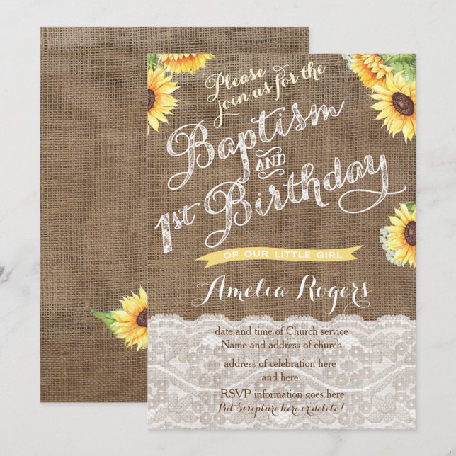 Invitation Sunflowers 1er Anniversaire Baptême pour petite fi (Devant / Derrière)