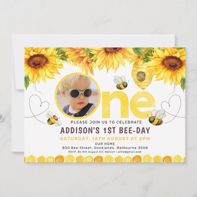 Invitation Sunflowers Bees Hearts Bee Day Photo 1er anniversa (Devant)