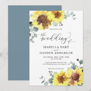 Invitation Sunflowers bleu Dusty Mariage d'eucalyptus