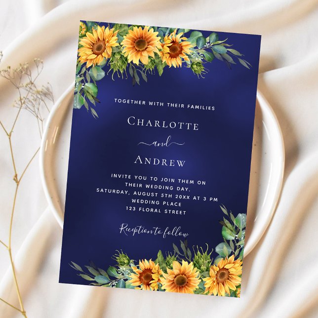 Invitation Sunflowers bleu marine eucalyptus mariage de luxe (Créateur téléchargé)