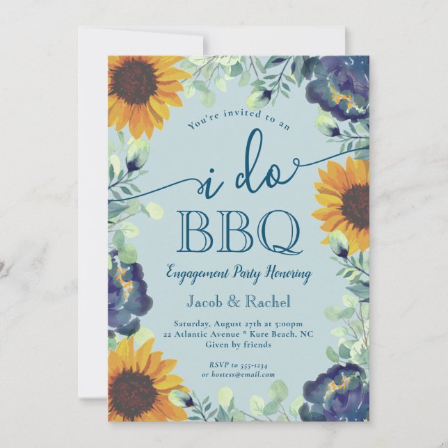 Invitation Sunflowers & Blue Floral I Do BBQ Fiançailles (Devant)