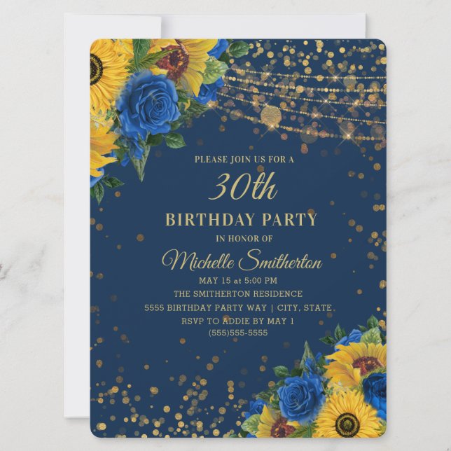Invitation Sunflowers Blue Rose Gold Parties scintillant 30e  (Devant)